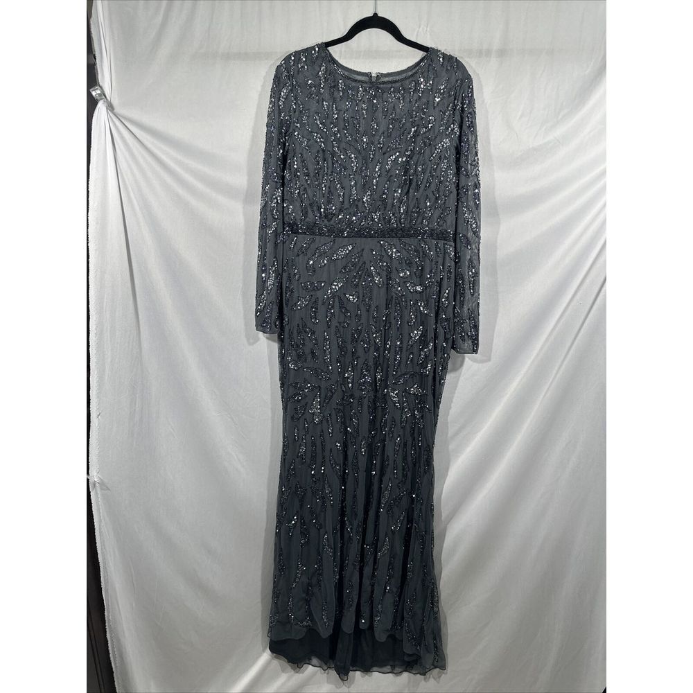 NWT $598 Mac Duggal [ 14 ] Beaded Long Sleeve‎ Evening Gown in Charcoal #S1107 - Picture 8 of 13